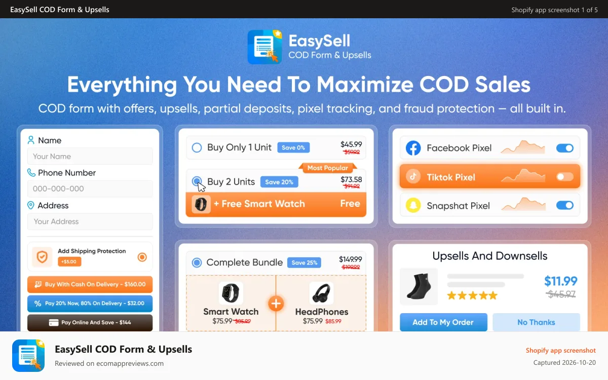 EasySell COD Form & Upsells Shopify app screenshot: complete COD form for cash on delivery