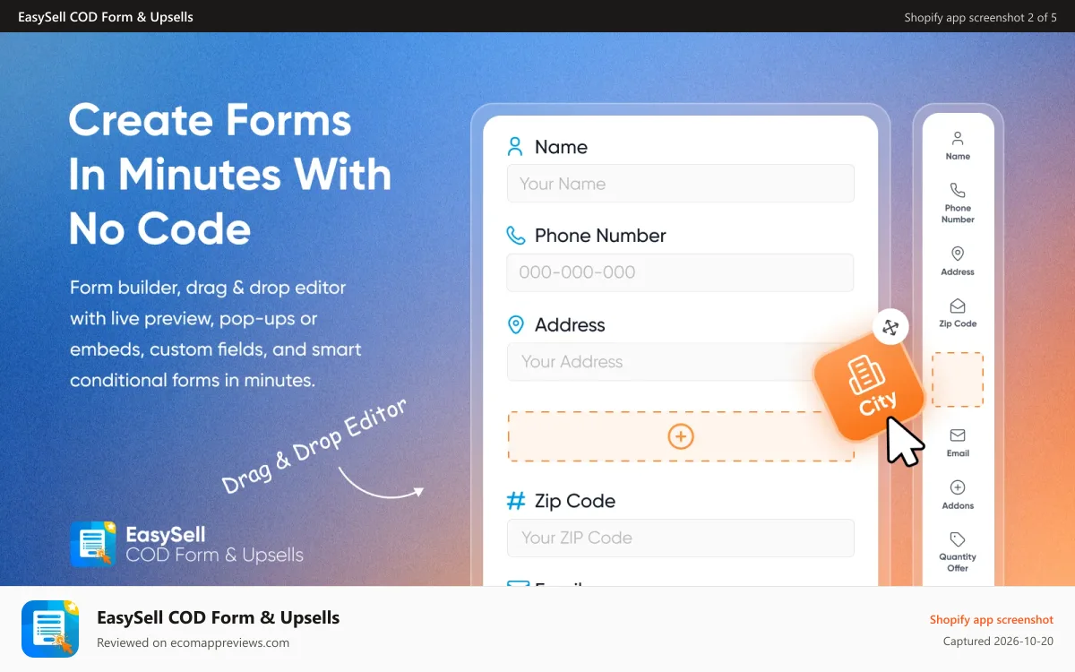 EasySell COD Form & Upsells Shopify app screenshot: drag and drop form builder no code