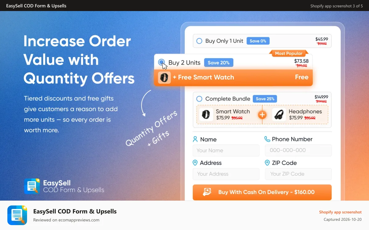 EasySell COD Form & Upsells Shopify app screenshot: quantity offers discounts with free gifts