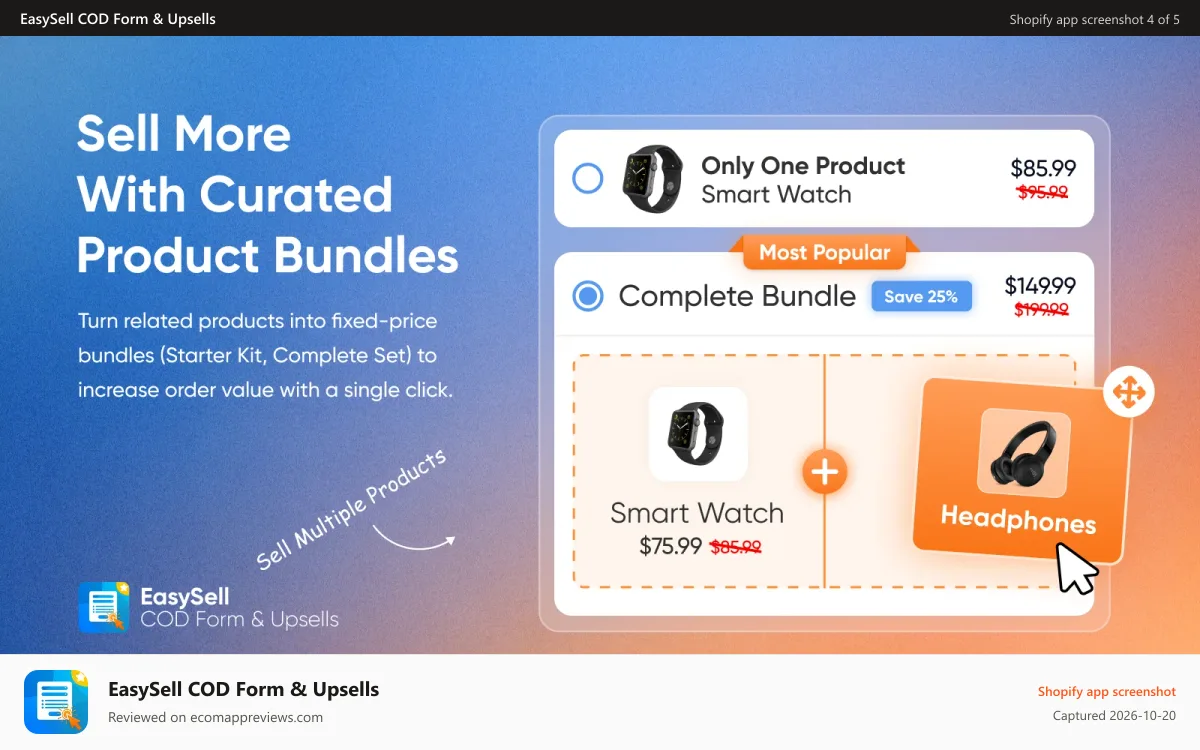 EasySell COD Form & Upsells Shopify app screenshot: Grow AOV with bundles and products pack