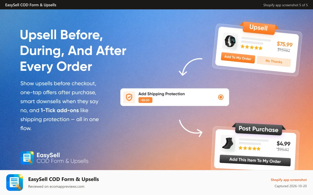 EasySell COD Form & Upsells Shopify app screenshot: Pre purchase and post purchase upsells with order bumps