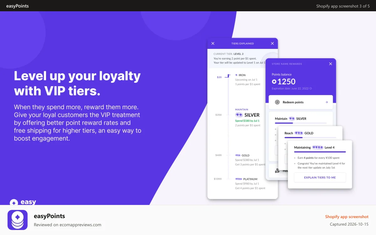 easyPoints Shopify app screenshot: Tiers Feature