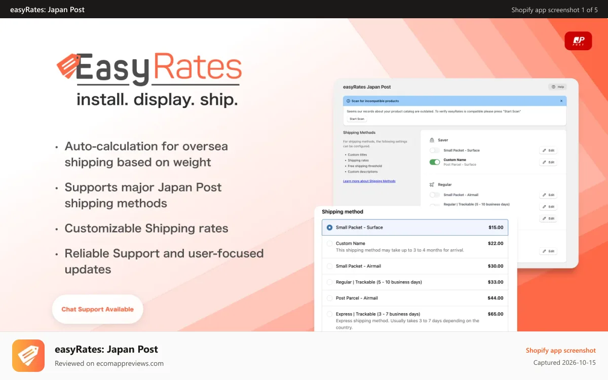 easyRates: Japan Post Shopify app screenshot: easyRates