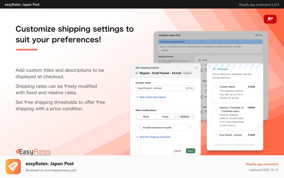 easyRates: Japan Post Shopify app screenshot: Default shipping methods settings