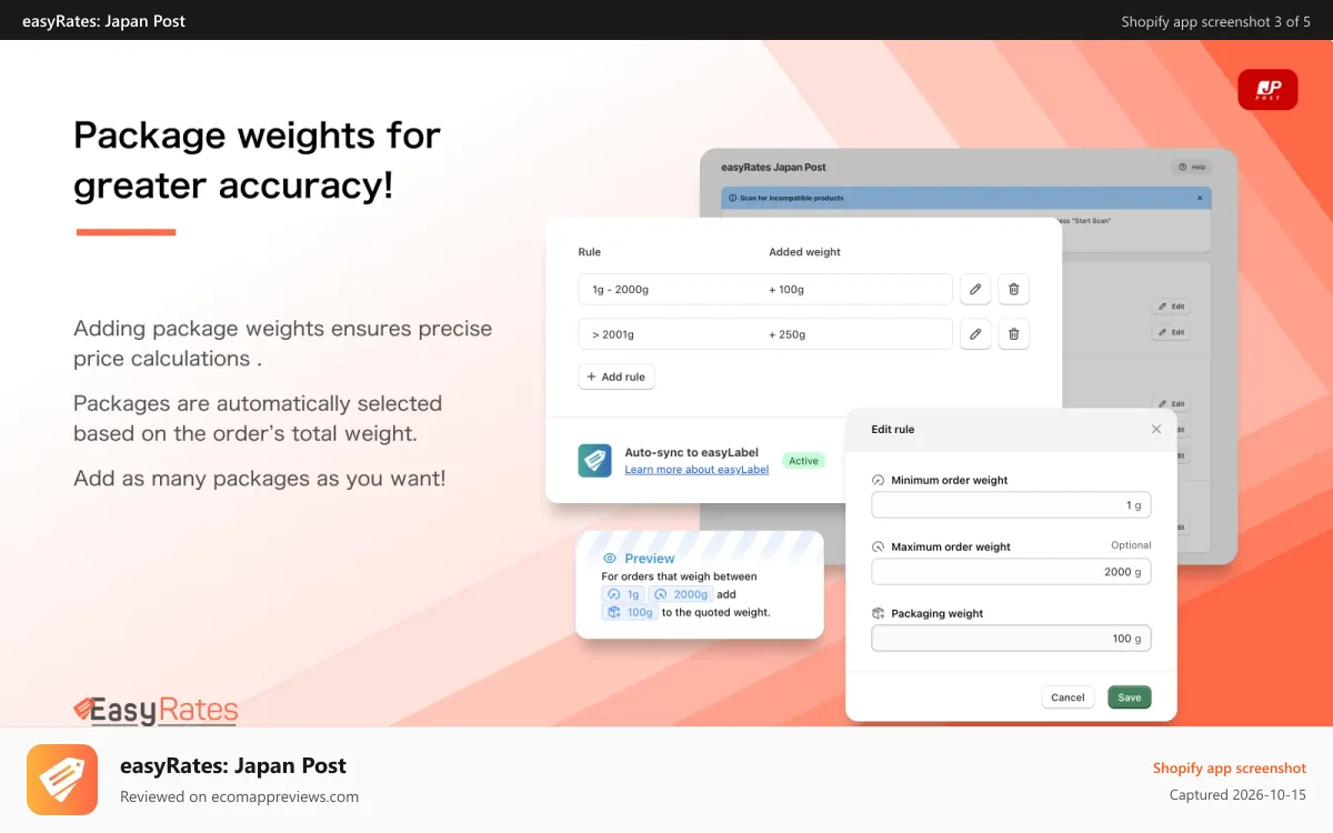 easyRates: Japan Post Shopify app screenshot: Package weight settings