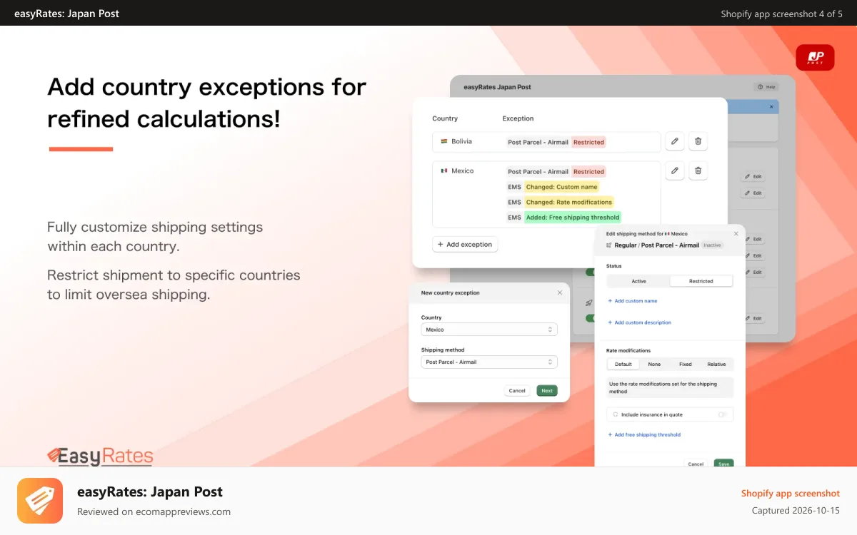 easyRates: Japan Post Shopify app screenshot: Country restriction settings