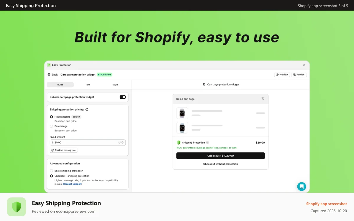 Easy Shipping Protection Shopify app screenshot: Easy shipping protection admin