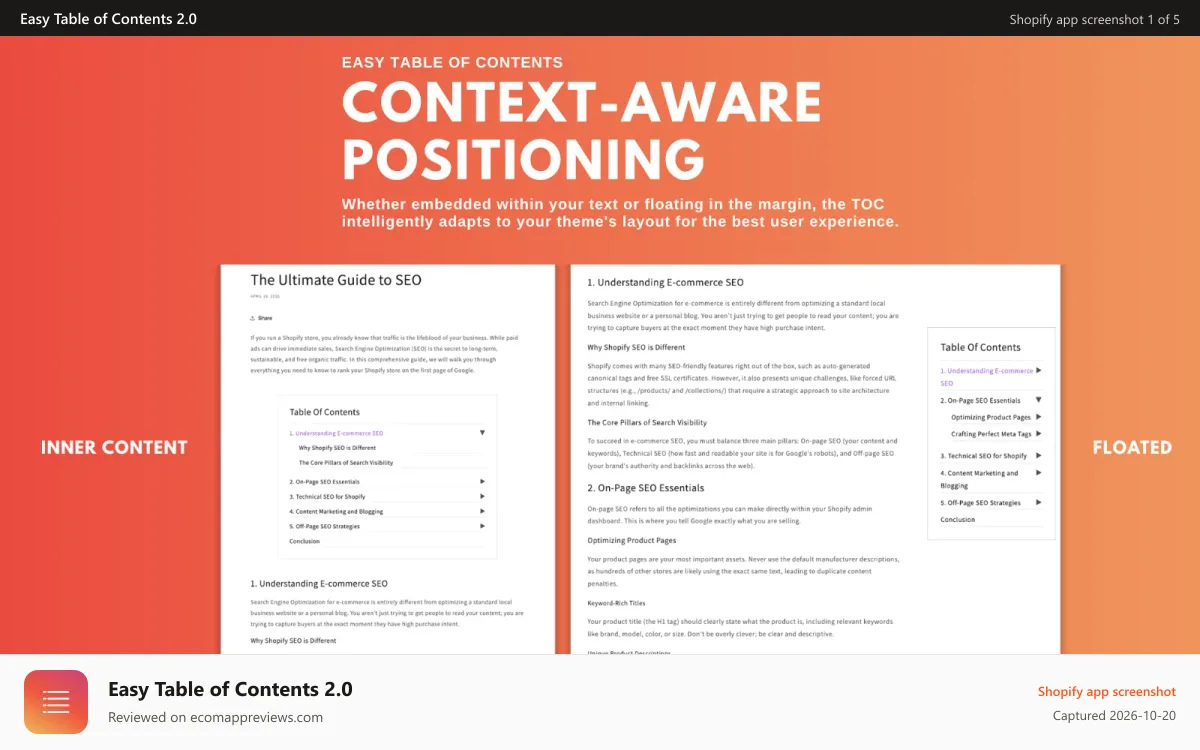 Easy Table of Contents 2.0 Shopify app screenshot: Inner Content and Floated Table of Contents positioning