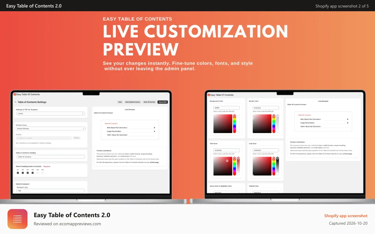 Easy Table of Contents 2.0 Shopify app screenshot: Admin settings panel showing live customization