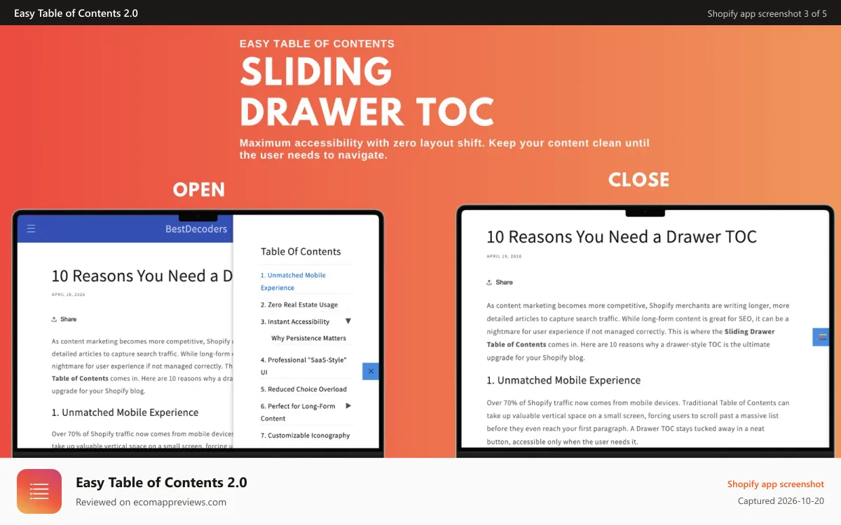 Easy Table of Contents 2.0 Shopify app screenshot: Demonstration of the sliding drawer Table of Contents Toggle