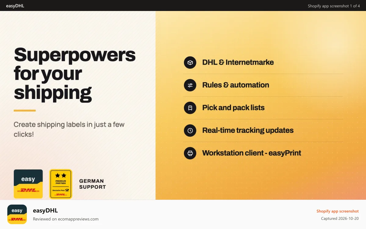 easyDHL Shopify app screenshot: Superpower for your shipping with DHL