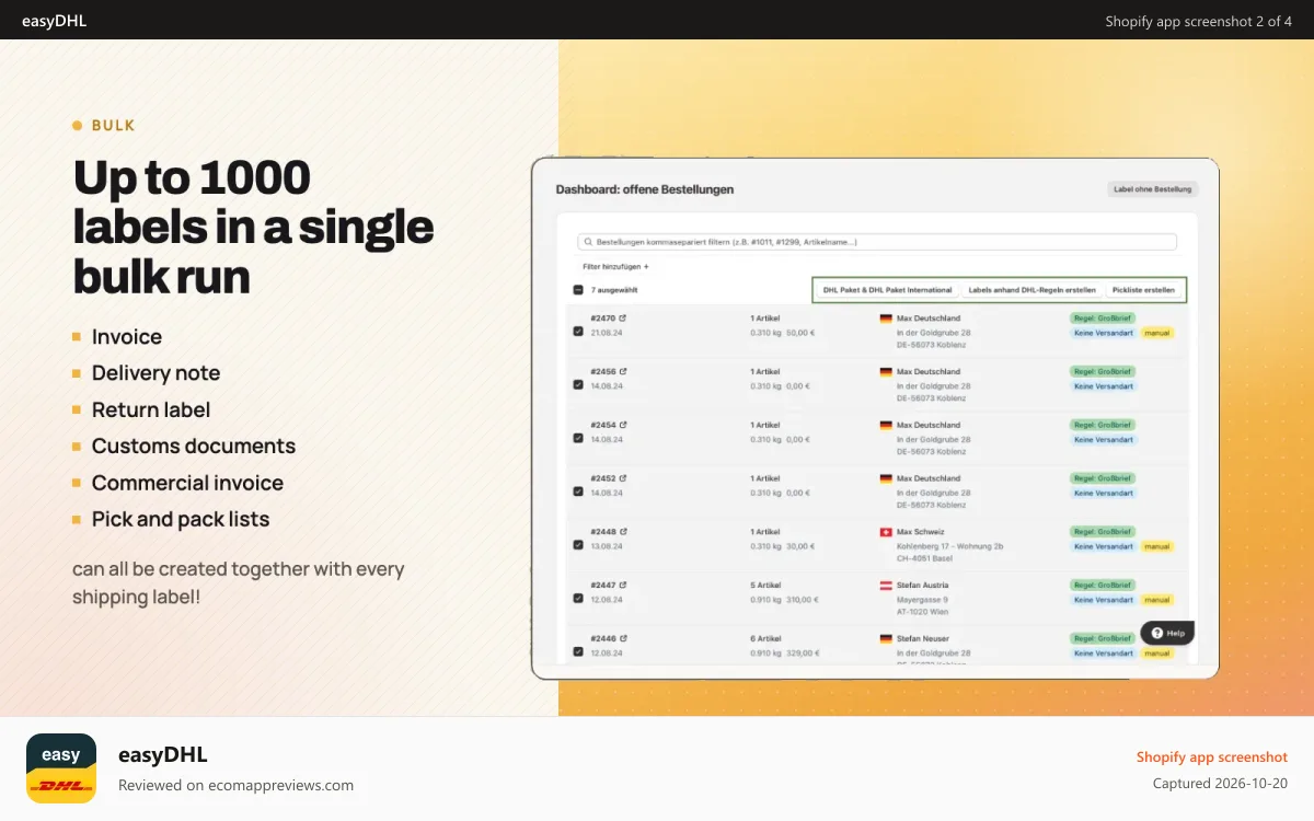 easyDHL Shopify app screenshot: Up to 1000 shipping labels within one batch process