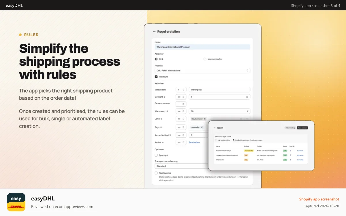 easyDHL Shopify app screenshot: Additional options in the single creation