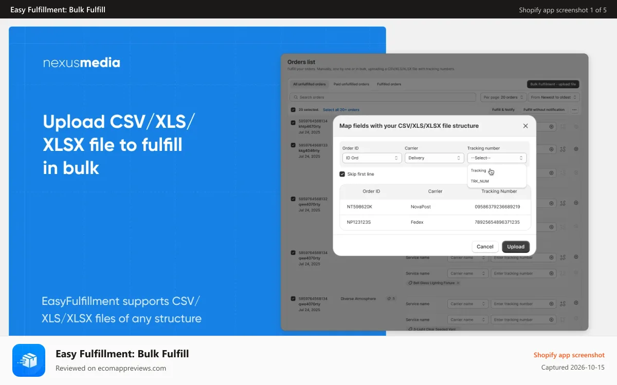 Easy Fulfillment: Bulk Fulfill Shopify app screenshot: Upload CSV/XLS/XLSX file to fulfill in bulk