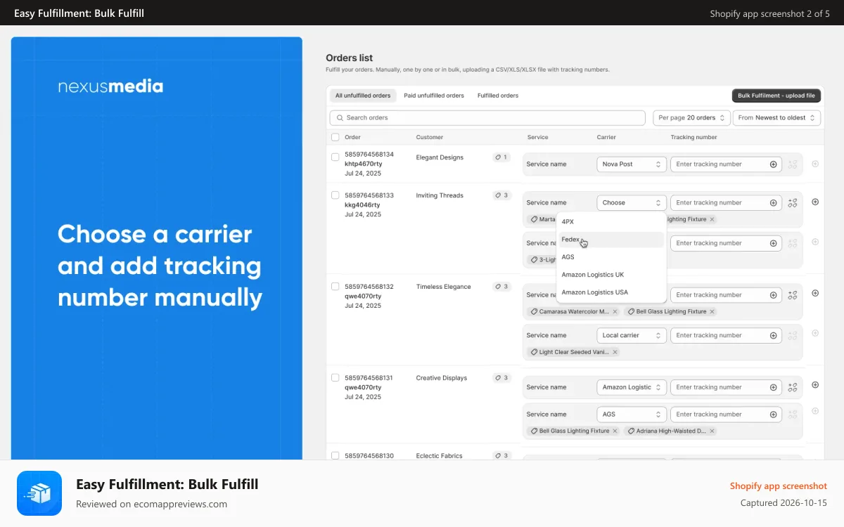 Easy Fulfillment: Bulk Fulfill Shopify app screenshot: Choose a carrier and add tracking number manually