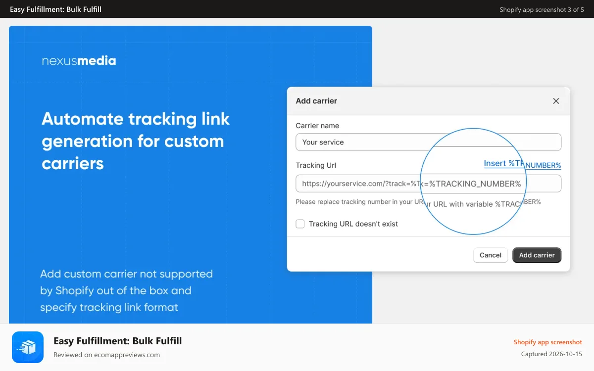Easy Fulfillment: Bulk Fulfill Shopify app screenshot: Automate tracking link generation for custom carriers