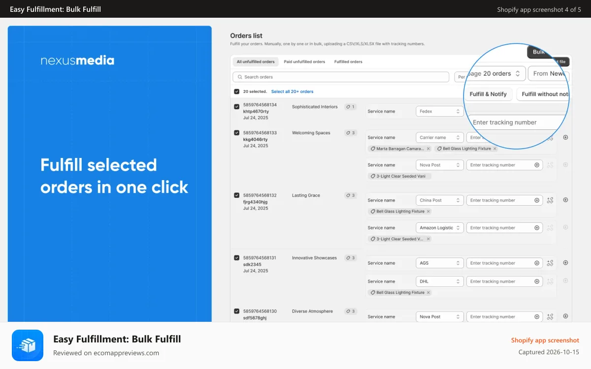 Easy Fulfillment: Bulk Fulfill Shopify app screenshot: Fulfill selected orders in one click