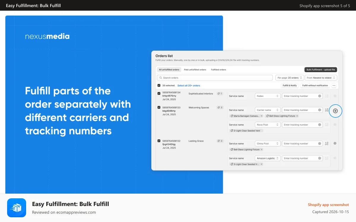Easy Fulfillment: Bulk Fulfill Shopify app screenshot: Fulfill parts of the order separately with different carriers an