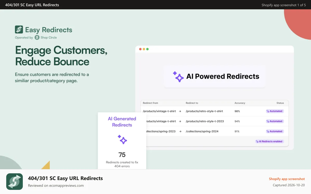 404/301 SC Easy URL Redirects Shopify app screenshot: AI Powered Redirects