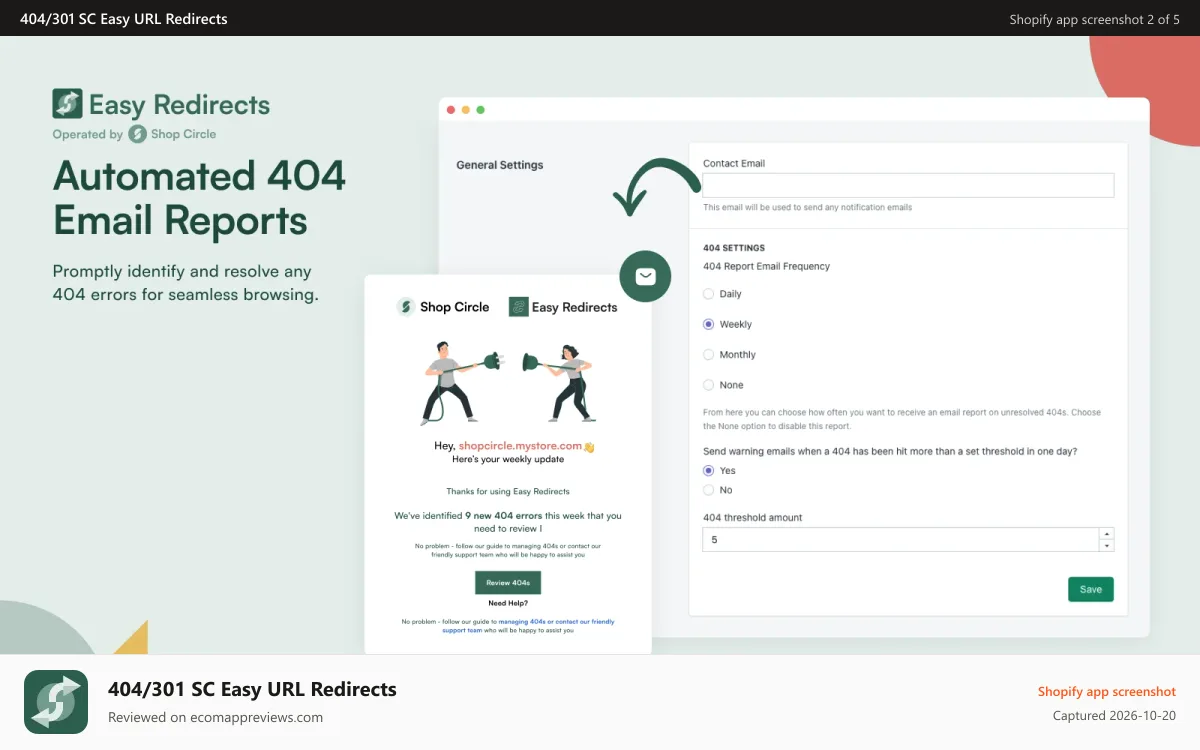 404/301 SC Easy URL Redirects Shopify app screenshot: Customize email reports for unresolved 404 errors.
