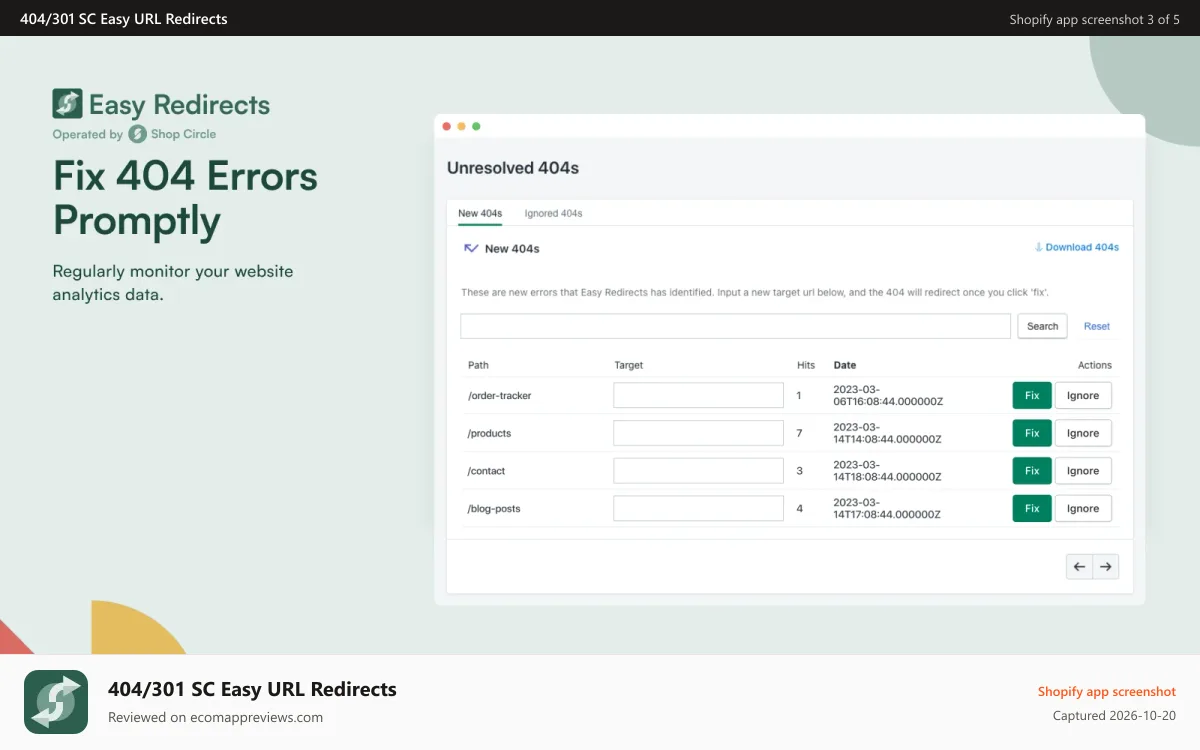 404/301 SC Easy URL Redirects Shopify app screenshot: Fix page errors by identifying and resolving them.