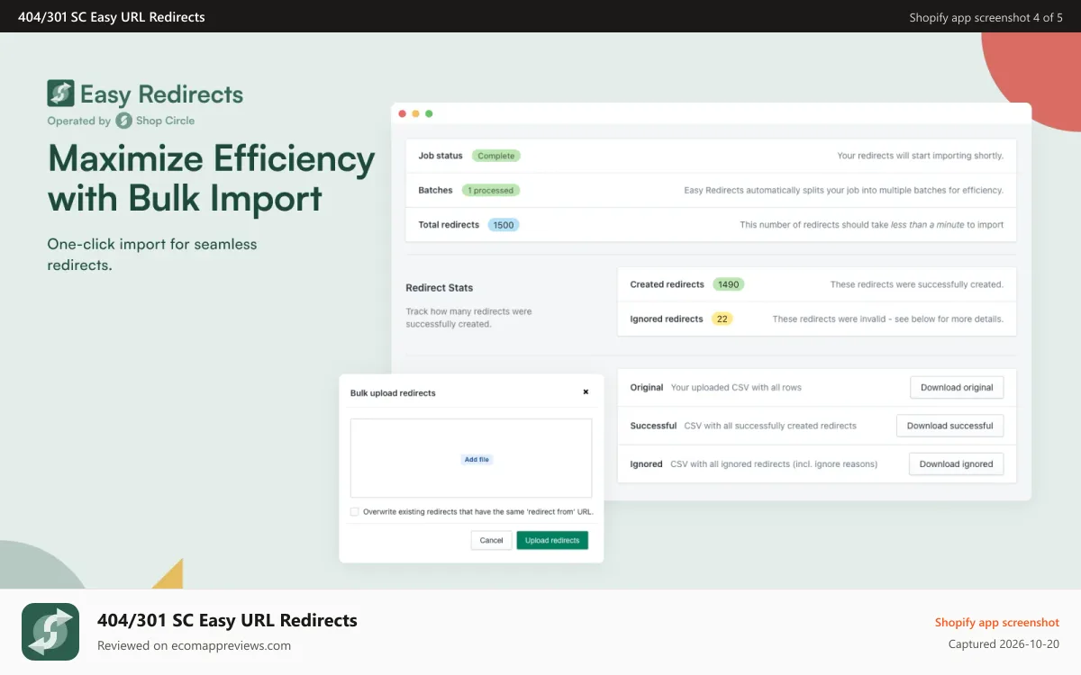 404/301 SC Easy URL Redirects Shopify app screenshot: Enhance user experience with error management using redirects.