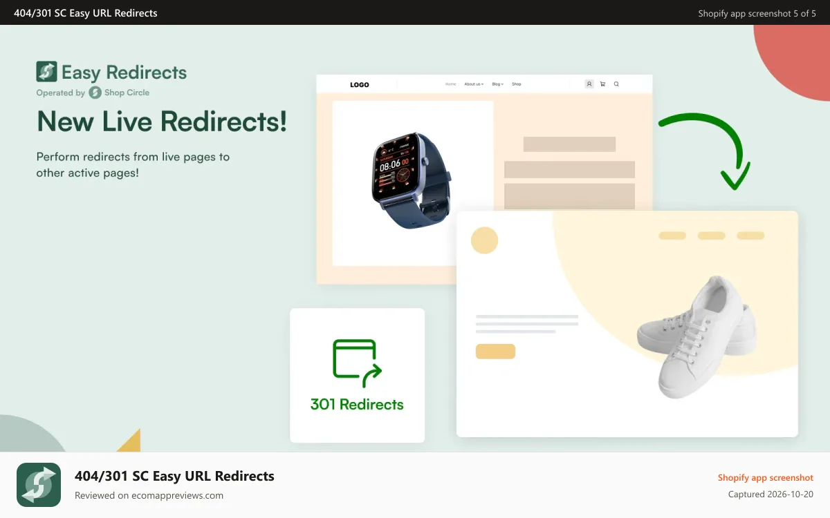 404/301 SC Easy URL Redirects Shopify app screenshot: Redirect live pages to other active pages.