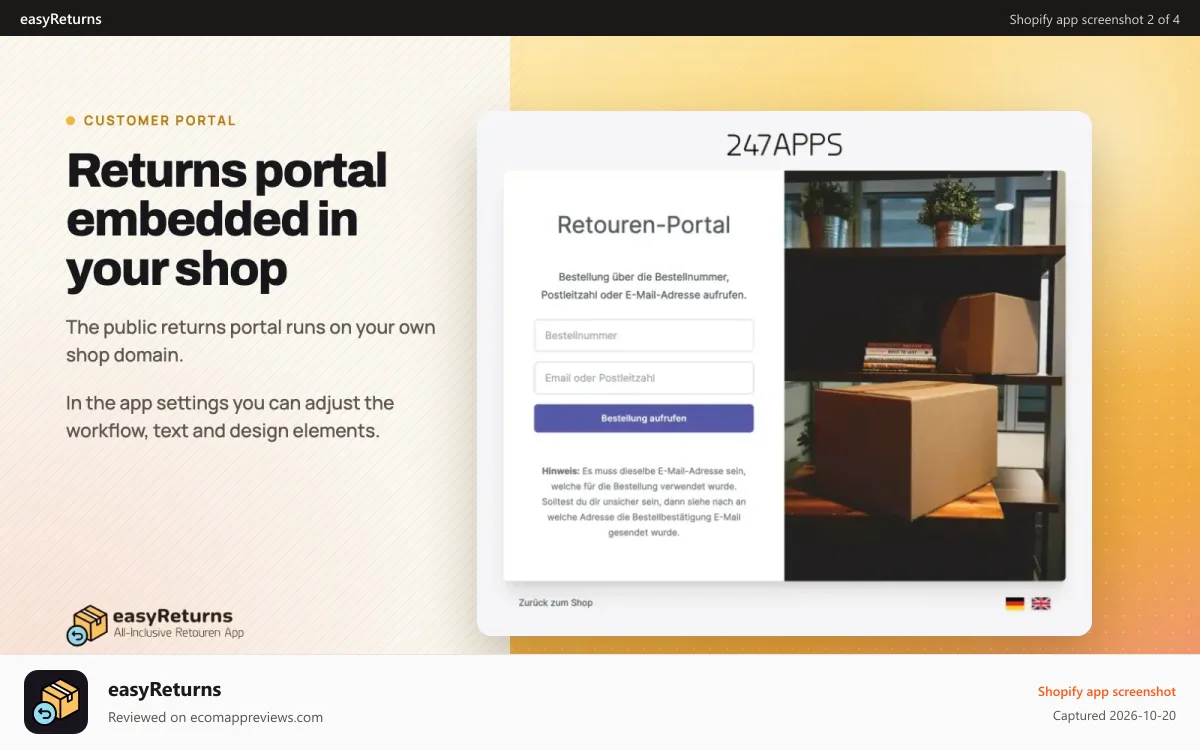 easyReturns Shopify app screenshot: Portal Page for to open Return Requests in Shopify