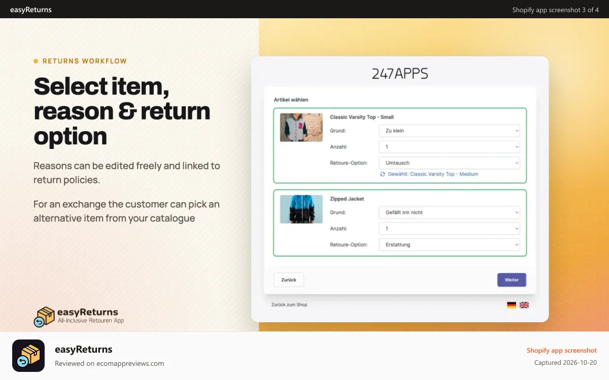 easyReturns Shopify app screenshot: Select Items to return
