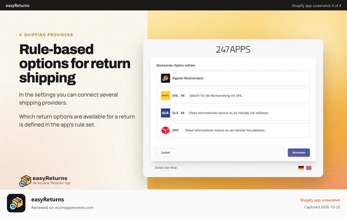 easyReturns Shopify app screenshot: Shipping Provider for Return Shipping Labels