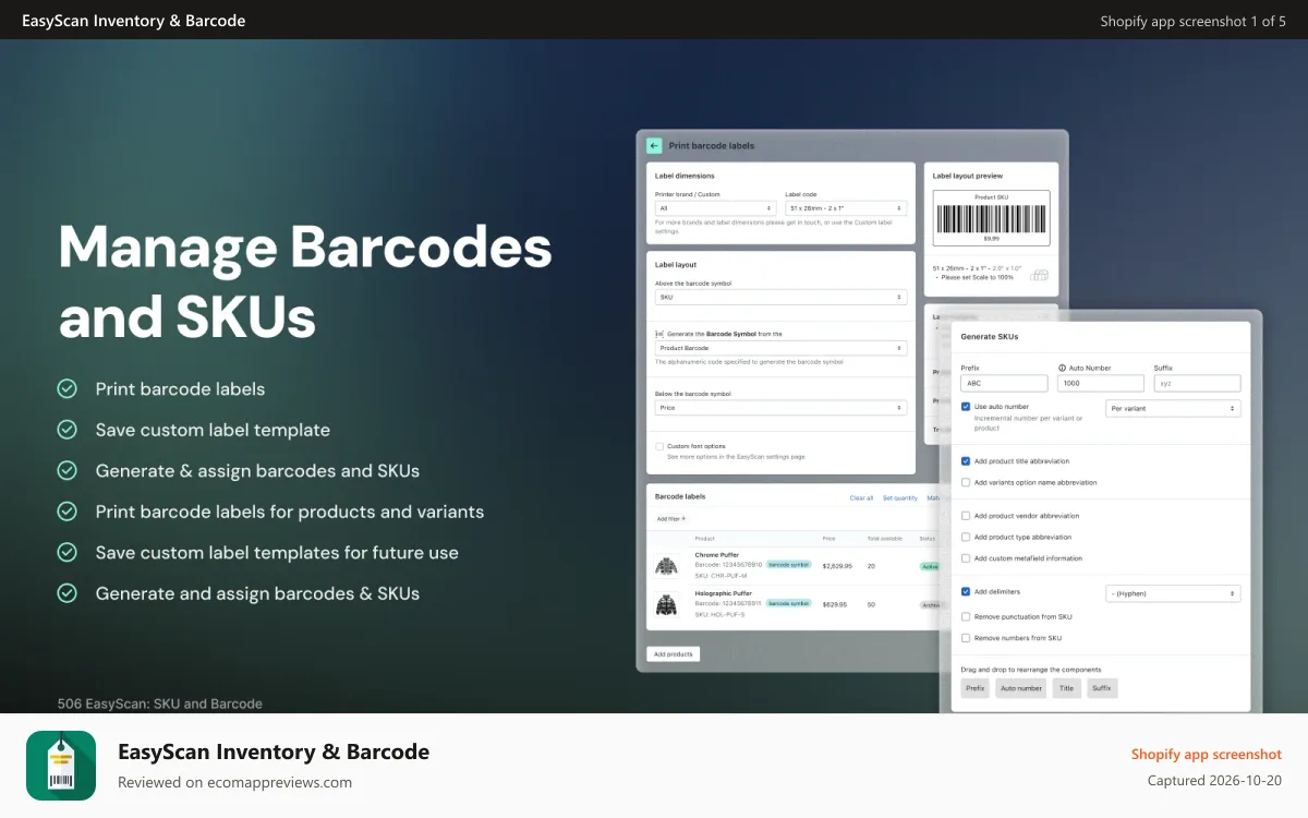 EasyScan Inventory & Barcode Shopify app screenshot: Generate and print barcodes and SKUs with EasyScan for Shopify