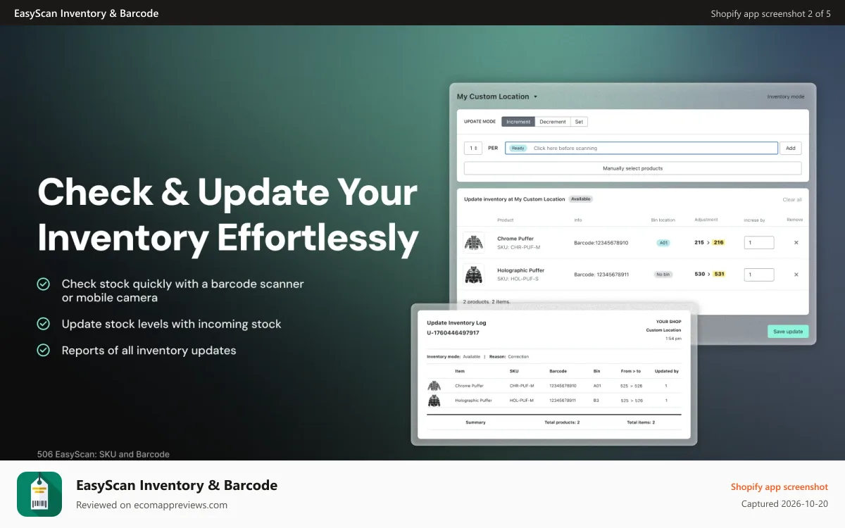 EasyScan Inventory & Barcode Shopify app screenshot: Update and track Shopify inventory easily with EasyScan