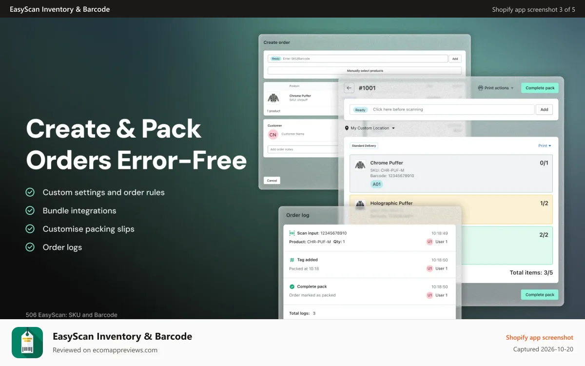 EasyScan Inventory & Barcode Shopify app screenshot: Create and pack Shopify orders accurately with EasyScan