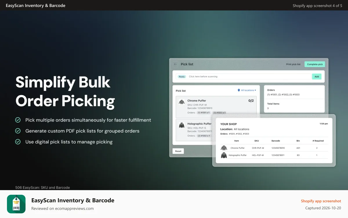 EasyScan Inventory & Barcode Shopify app screenshot: Simplify bulk order picking and fulfillment with EasyScan