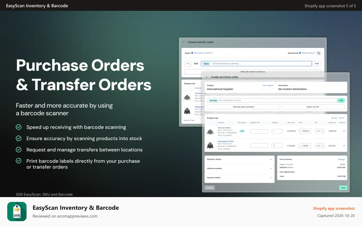 EasyScan Inventory & Barcode Shopify app screenshot: Create and track purchase or transfer orders in EasyScan