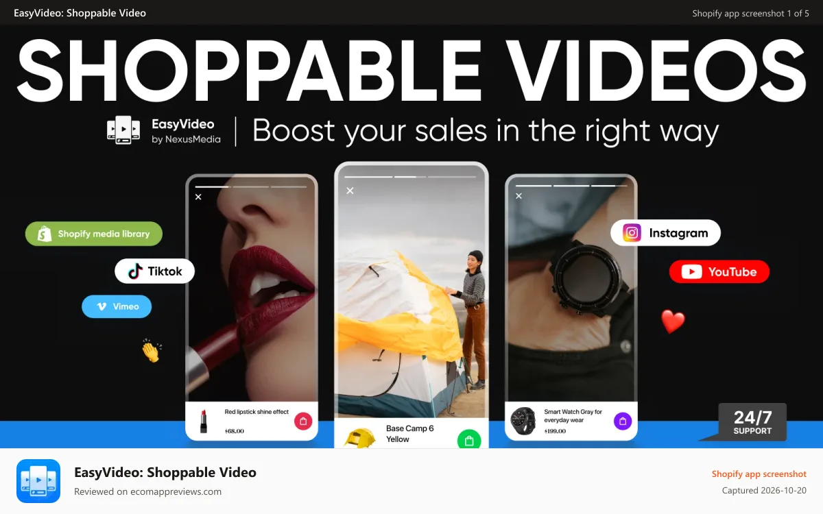 EasyVideo: Shoppable Video Shopify app screenshot: Build trust and boost sales with Shoppable Videos