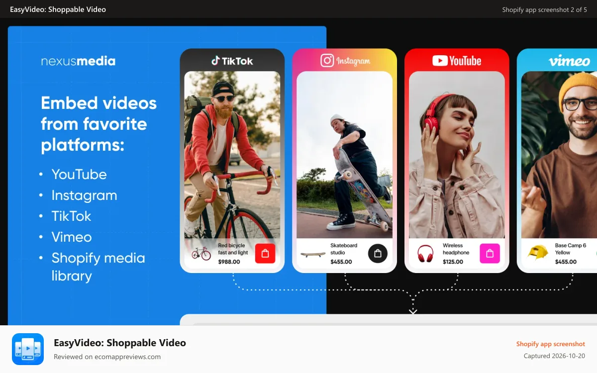 EasyVideo: Shoppable Video Shopify app screenshot: Embed videos from favorite platforms: YouTube, Instagram, TikTok