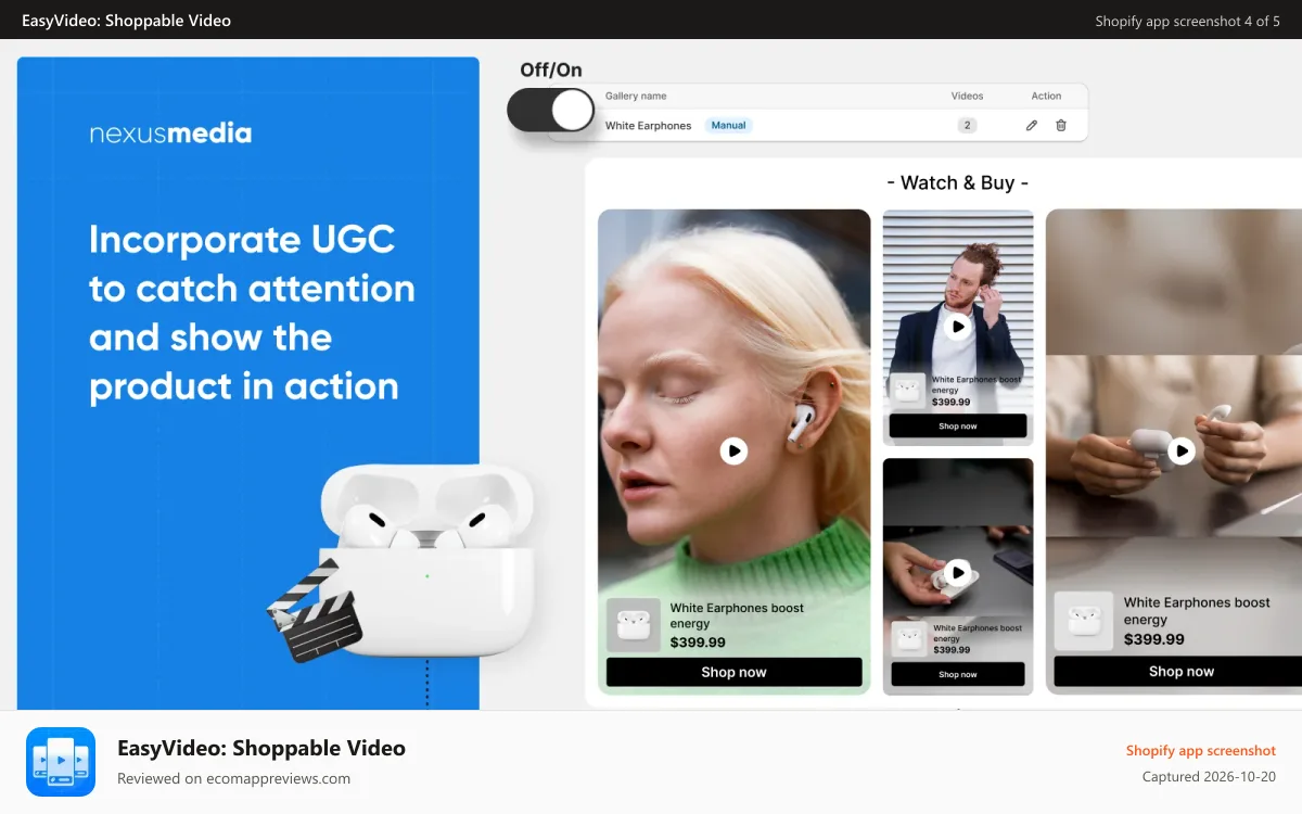 EasyVideo: Shoppable Video Shopify app screenshot: Incorporate UGC to catch attention and show the product in actio