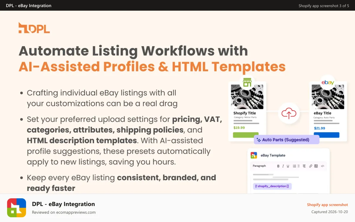DPL ‑ eBay Integration Shopify app screenshot: Smart profile uploads and HTML Templates