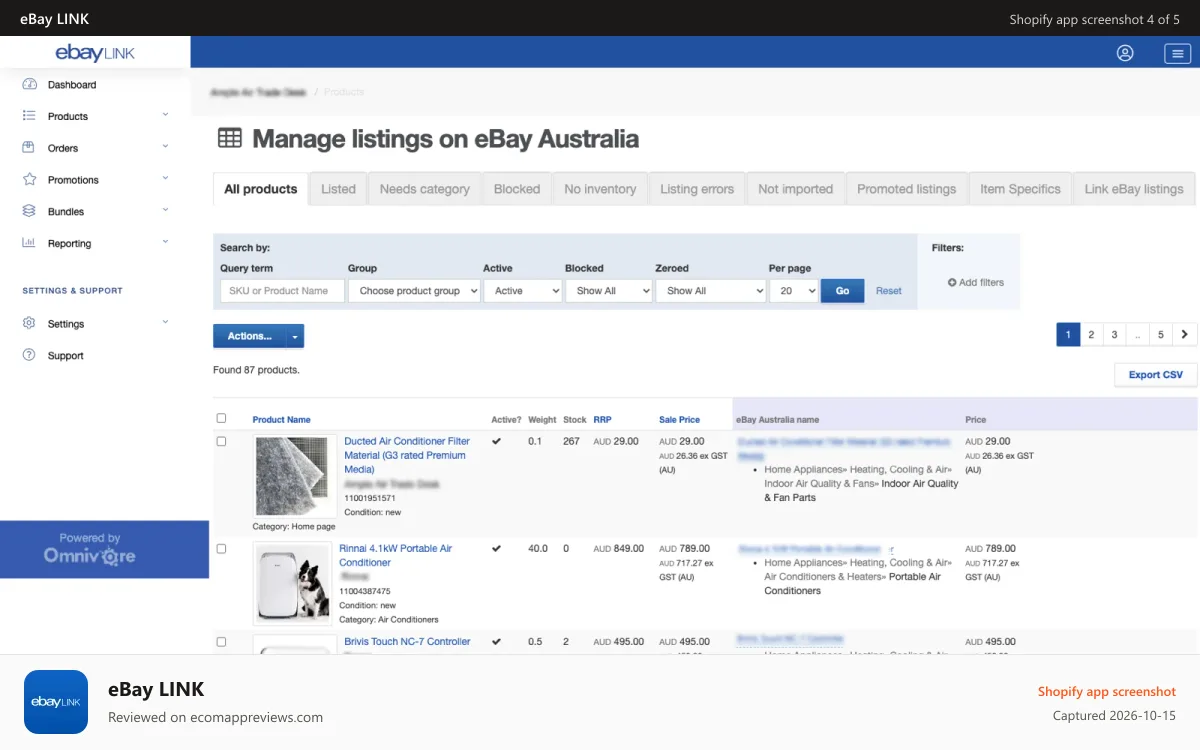 eBay LINK Shopify app screenshot: Create listings, block listings, edit product data