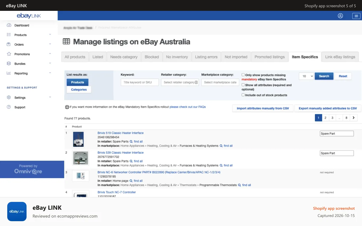eBay LINK Shopify app screenshot: Add product data for required eBay Item Specifics
