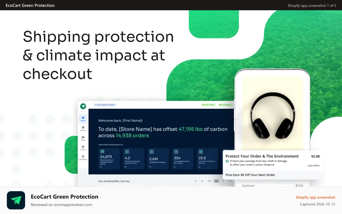 EcoCart Green Protection Shopify app screenshot: Your all in one green shipping protection platform