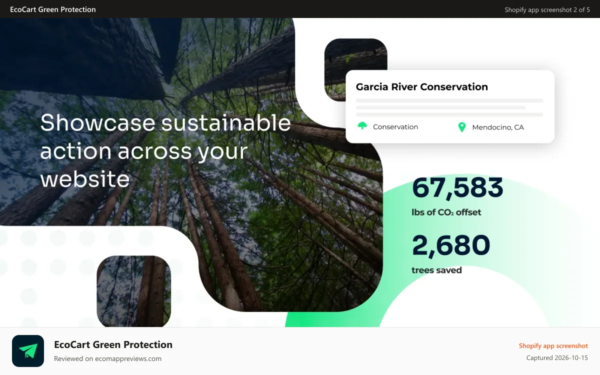 EcoCart Green Protection Shopify app screenshot: Add impact counters, pop-ups, banners, & landing pages to the CX
