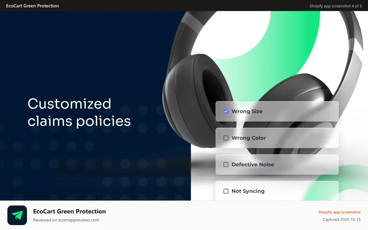 EcoCart Green Protection Shopify app screenshot: Choose your claims policies based on your unique pain points