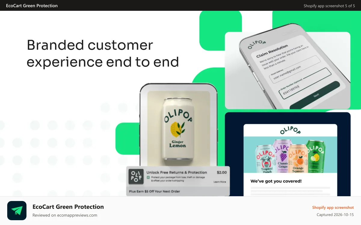 EcoCart Green Protection Shopify app screenshot: White-labeled post-purchase experiences end-to-end