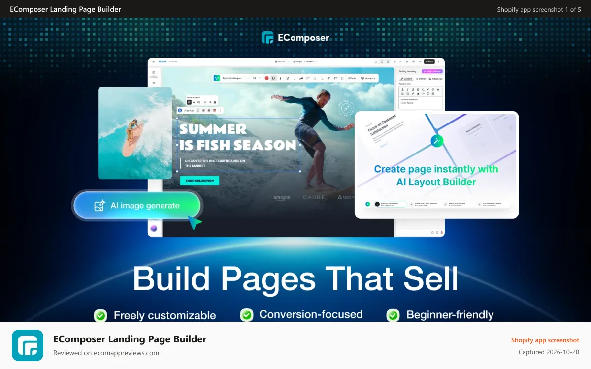 EComposer Landing Page Builder Shopify app screenshot: EComposer AI Shopify Page Builder