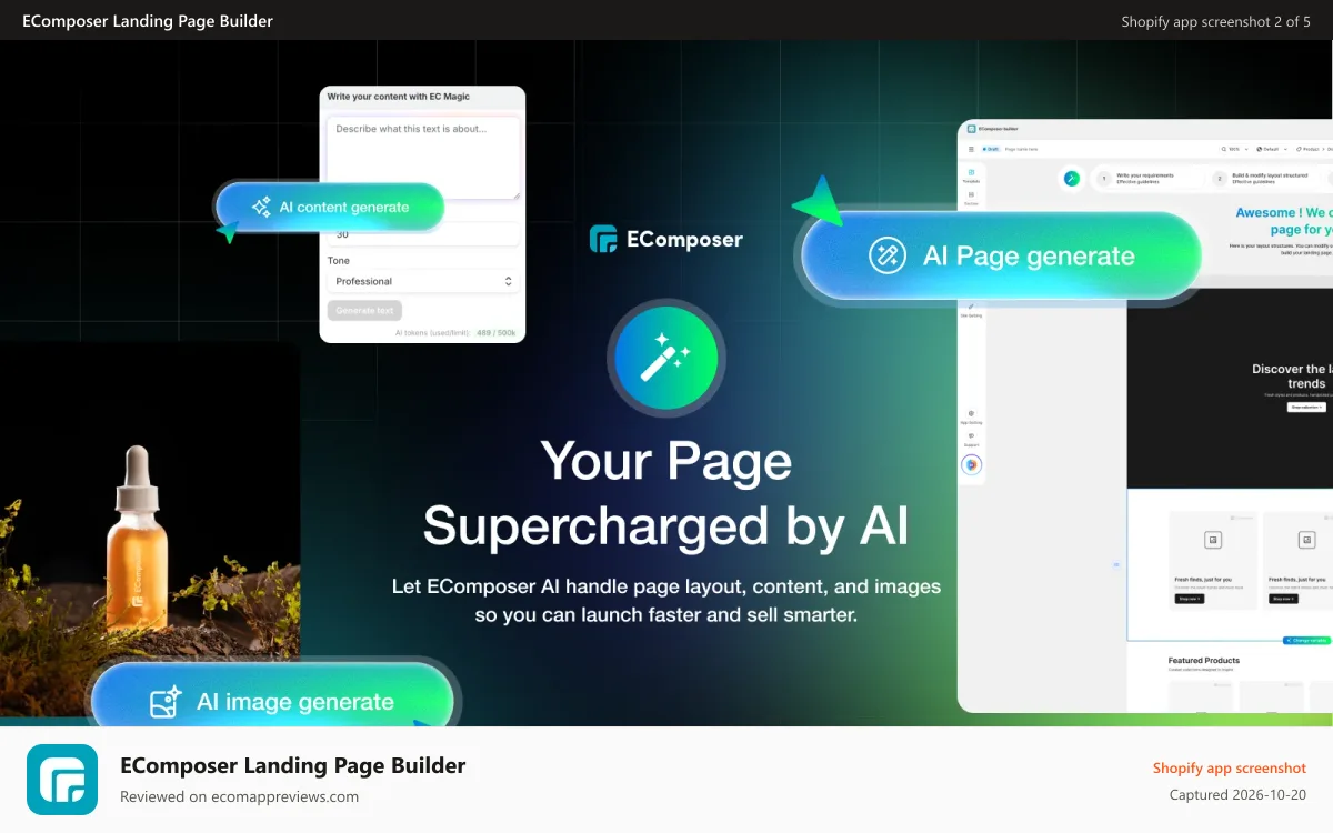 EComposer Landing Page Builder Shopify app screenshot: AI page builder, image and content generator