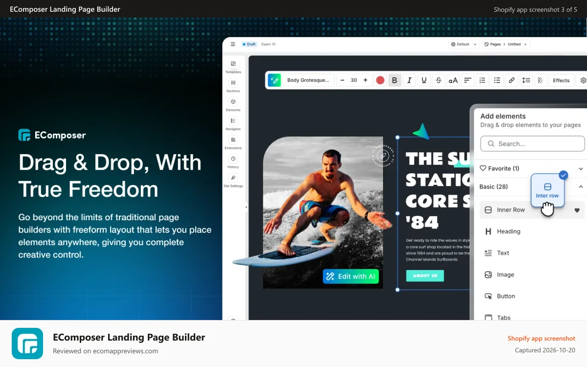 EComposer Landing Page Builder Shopify app screenshot: Live drag drop editor with freeform layout