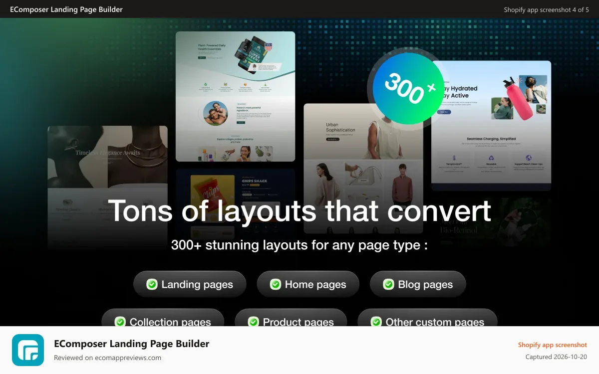EComposer Landing Page Builder Shopify app screenshot: Huge template library that highly-convert