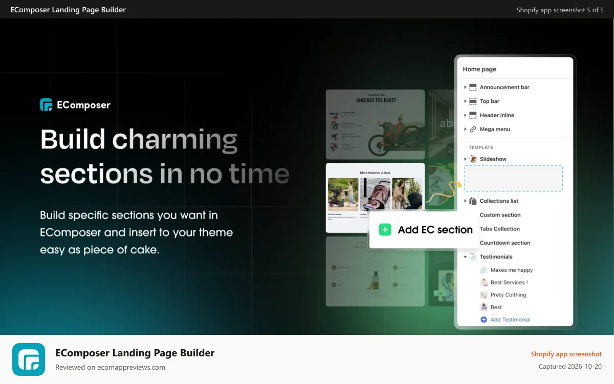 EComposer Landing Page Builder Shopify app screenshot: Build any section with ease